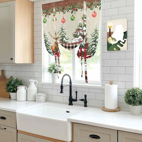 Red Christmas Tie Up Curtains for Window, Truck Elk Xmas Tree Snowflake Ball Winter Thermal Insulated Balloon Shade Adjustable Rod Pocket Curtains Valance Panels for Kitchen Bathroom Café 34'' x 45'' in Saudi Arabia