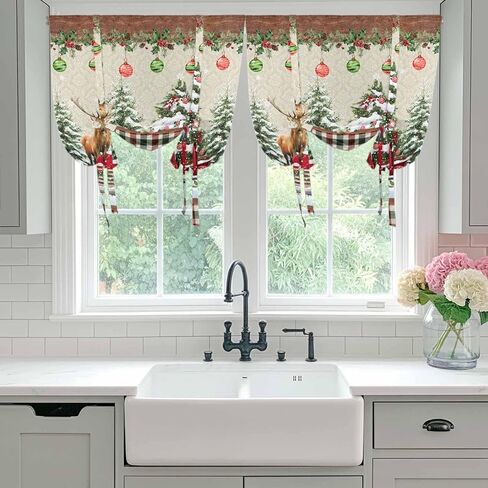 Red Christmas Tie Up Curtains for Window, Truck Elk Xmas Tree Snowflake Ball Winter Thermal Insulated Balloon Shade Adjustable Rod Pocket Curtains Valance Panels for Kitchen Bathroom Café 34'' x 45'' in Saudi Arabia