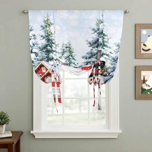 Snowman Christmas Tie Up Curtains for Window, Xmas Farmhouse Tree Snowflake Thermal Insulated Balloon Shade Adjustable Rod Pocket Curtains Valance Panels for Kitchen Bathroom Café 42'' x 45'' in Saudi Arabia
