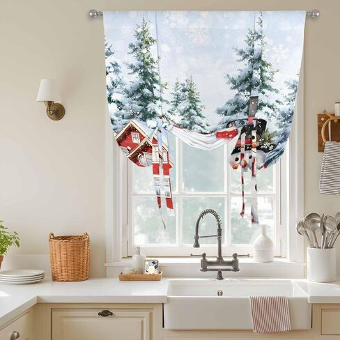 Snowman Christmas Tie Up Curtains for Window, Xmas Farmhouse Tree Snowflake Thermal Insulated Balloon Shade Adjustable Rod Pocket Curtains Valance Panels for Kitchen Bathroom Café 42'' x 45'' in Saudi Arabia