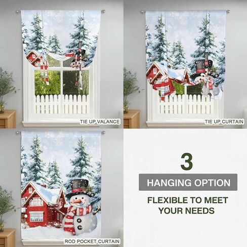 Snowman Christmas Tie Up Curtains for Window, Xmas Farmhouse Tree Snowflake Thermal Insulated Balloon Shade Adjustable Rod Pocket Curtains Valance Panels for Kitchen Bathroom Café 42'' x 45'' in Saudi Arabia