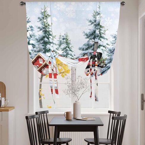 Snowman Christmas Tie Up Curtains for Window, Xmas Farmhouse Tree Snowflake Thermal Insulated Balloon Shade Adjustable Rod Pocket Curtains Valance Panels for Kitchen Bathroom Café 42'' x 45'' in Saudi Arabia