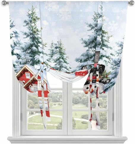 Snowman Christmas Tie Up Curtains for Window, Xmas Farmhouse Tree Snowflake Thermal Insulated Balloon Shade Adjustable Rod Pocket Curtains Valance Panels for Kitchen Bathroom Café 42'' x 45'' in Saudi Arabia