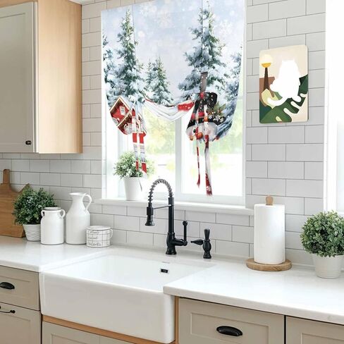 Snowman Christmas Tie Up Curtains for Window, Xmas Farmhouse Tree Snowflake Thermal Insulated Balloon Shade Adjustable Rod Pocket Curtains Valance Panels for Kitchen Bathroom Café 42'' x 45'' in Saudi Arabia