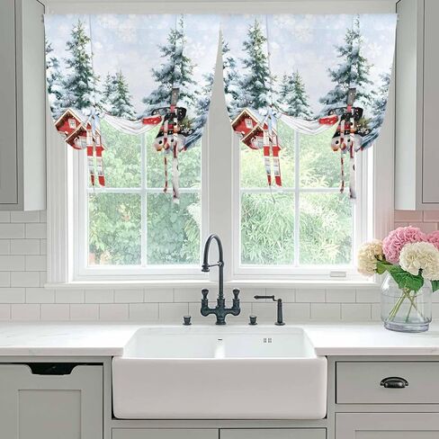 Snowman Christmas Tie Up Curtains for Window, Xmas Farmhouse Tree Snowflake Thermal Insulated Balloon Shade Adjustable Rod Pocket Curtains Valance Panels for Kitchen Bathroom Café 42'' x 45'' in Saudi Arabia