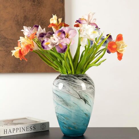 11" H Teal Glass Vases for Flowers, Unique Hand Blown Glass Vase Blue Home Decor, Wide Mouth Colorful Flower Vase Centerpieces, for Living Room Table Bookshelf, Bathroom Office Shelf Decorative in Saudi Arabia
