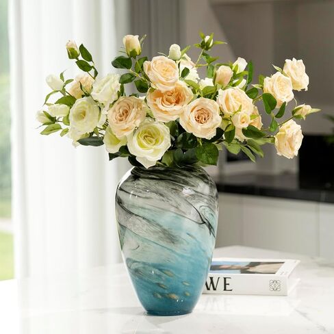 11" H Teal Glass Vases for Flowers, Unique Hand Blown Glass Vase Blue Home Decor, Wide Mouth Colorful Flower Vase Centerpieces, for Living Room Table Bookshelf, Bathroom Office Shelf Decorative in Saudi Arabia