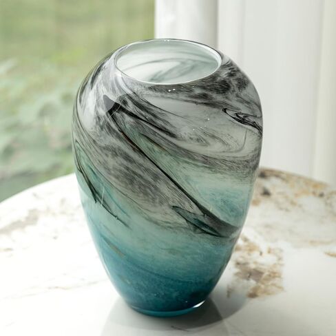 11" H Teal Glass Vases for Flowers, Unique Hand Blown Glass Vase Blue Home Decor, Wide Mouth Colorful Flower Vase Centerpieces, for Living Room Table Bookshelf, Bathroom Office Shelf Decorative in Saudi Arabia