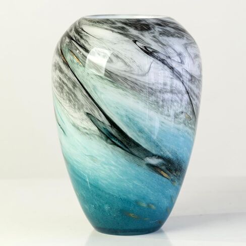 11" H Teal Glass Vases for Flowers, Unique Hand Blown Glass Vase Blue Home Decor, Wide Mouth Colorful Flower Vase Centerpieces, for Living Room Table Bookshelf, Bathroom Office Shelf Decorative in Saudi Arabia