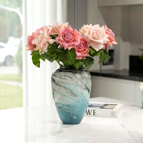 11" H Teal Glass Vases for Flowers, Unique Hand Blown Glass Vase Blue Home Decor, Wide Mouth Colorful Flower Vase Centerpieces, for Living Room Table Bookshelf, Bathroom Office Shelf Decorative in Saudi Arabia