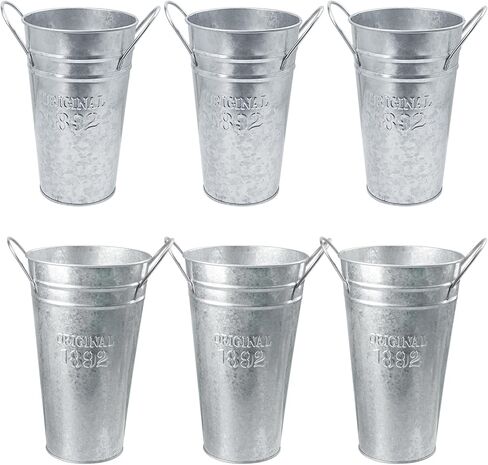 6 Packs 8 & 10 Inch Tall Galvanized Metal Flower Vases with Handles, Metal Flower Buckets for Cut Flowers, Country Wedding, Table Centerpiece Decorations(Sliver) in Kuwait