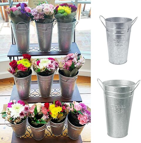 6 Packs 8 & 10 Inch Tall Galvanized Metal Flower Vases with Handles, Metal Flower Buckets for Cut Flowers, Country Wedding, Table Centerpiece Decorations(Sliver) in Kuwait