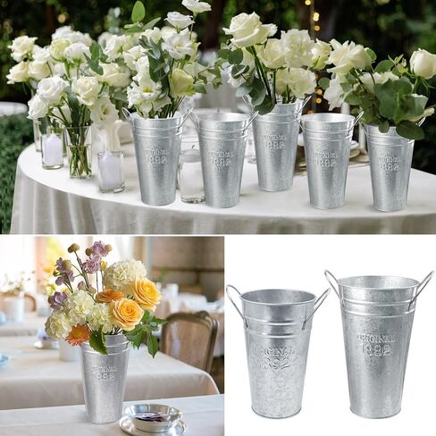 6 Packs 8 & 10 Inch Tall Galvanized Metal Flower Vases with Handles, Metal Flower Buckets for Cut Flowers, Country Wedding, Table Centerpiece Decorations(Sliver) in Kuwait