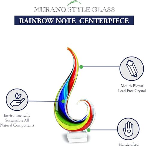 قطعة مركزية زجاجية فنية على طراز مورانو من Badash Rainbow Note - منحوتة زجاجية طويلة منفوخة بالفم بطول 30.48 سم على قاعدة كريستال - قطعة ديكور منزلية معاصرة in Kuwait