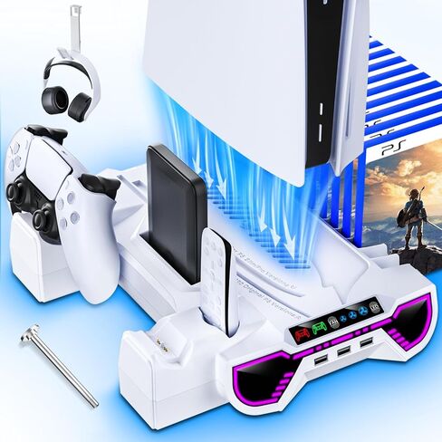 محطة تبريد PS5 Slim/PS5 مع محطة شحن وحدة تحكم لـ PlayStation 5 Console Disc/Digital ، ملحقات حامل تبريد PS5 مع RGB Light/Charger/Cooler Fan/3 USB Hubs/Headset Holder/Screw in Saudi Arabia