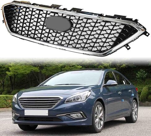 munirater Front Upper Grille Chrome Honeycomb W/O Radar Hole Replacement for 2015-2017 Sonata in Saudi Arabia