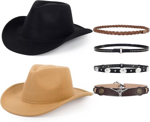 2 Pack Western Cowboy Hats for Women and Men Classic Felt Wide Brim Costume Cow Boy Hat Roll Up Brim Cowgirl Hat in Kuwait