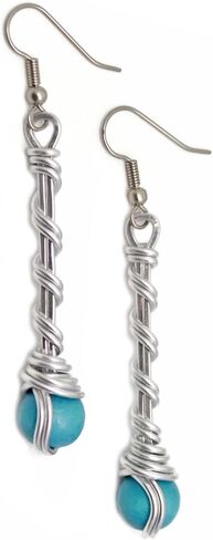 Pillar of Salt Studio Handcrafted Earrings in Silver-tone Aluminum and Stainless Steel with Wooden Beads (Turquoise Blue, 2" drop) in Kuwait