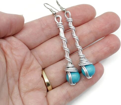 Pillar of Salt Studio Handcrafted Earrings in Silver-tone Aluminum and Stainless Steel with Wooden Beads (Turquoise Blue, 2" drop) in Kuwait