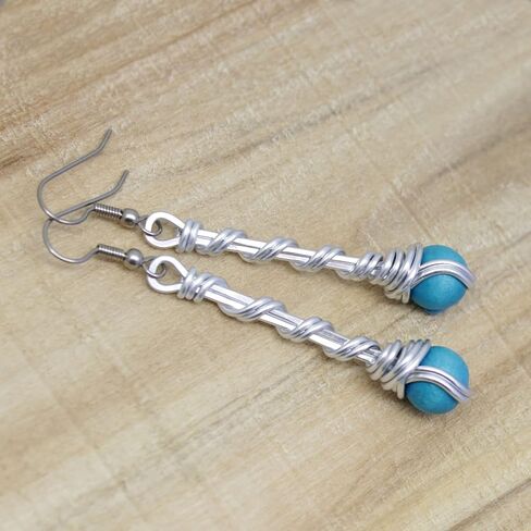 Pillar of Salt Studio Handcrafted Earrings in Silver-tone Aluminum and Stainless Steel with Wooden Beads (Turquoise Blue, 2" drop) in Kuwait