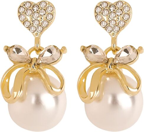 Heart CZ Pearl Drop Earrings for Women, Gold Plated Bowknot Dangle Earrings, Elegant Shiny Faux Pearl Stud Earrings, Hypoallergenic Wedding Party Jewelry Gift for Women in Saudi Arabia