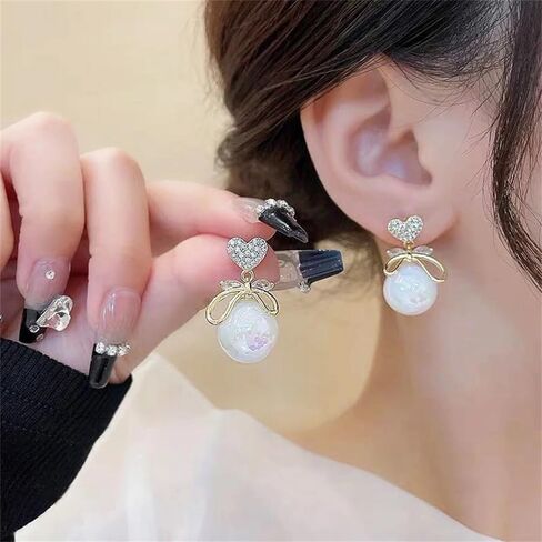 Heart CZ Pearl Drop Earrings for Women, Gold Plated Bowknot Dangle Earrings, Elegant Shiny Faux Pearl Stud Earrings, Hypoallergenic Wedding Party Jewelry Gift for Women in Saudi Arabia
