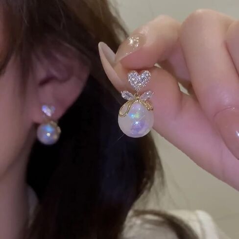 Heart CZ Pearl Drop Earrings for Women, Gold Plated Bowknot Dangle Earrings, Elegant Shiny Faux Pearl Stud Earrings, Hypoallergenic Wedding Party Jewelry Gift for Women in Saudi Arabia