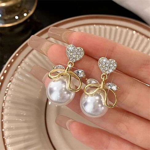 Heart CZ Pearl Drop Earrings for Women, Gold Plated Bowknot Dangle Earrings, Elegant Shiny Faux Pearl Stud Earrings, Hypoallergenic Wedding Party Jewelry Gift for Women in Saudi Arabia