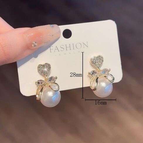 Heart CZ Pearl Drop Earrings for Women, Gold Plated Bowknot Dangle Earrings, Elegant Shiny Faux Pearl Stud Earrings, Hypoallergenic Wedding Party Jewelry Gift for Women in Saudi Arabia