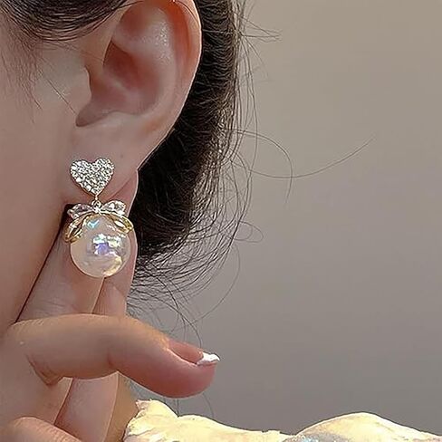 Heart CZ Pearl Drop Earrings for Women, Gold Plated Bowknot Dangle Earrings, Elegant Shiny Faux Pearl Stud Earrings, Hypoallergenic Wedding Party Jewelry Gift for Women in Saudi Arabia