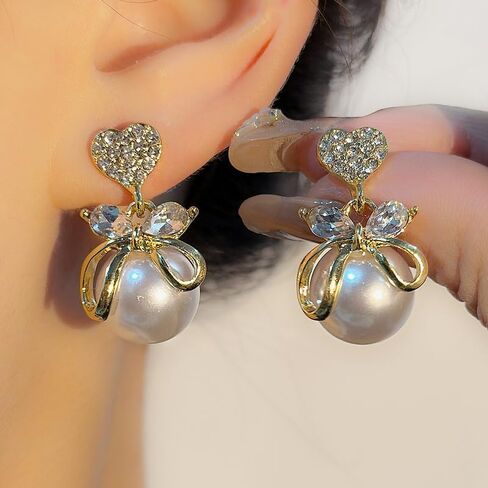 Heart CZ Pearl Drop Earrings for Women, Gold Plated Bowknot Dangle Earrings, Elegant Shiny Faux Pearl Stud Earrings, Hypoallergenic Wedding Party Jewelry Gift for Women in Saudi Arabia