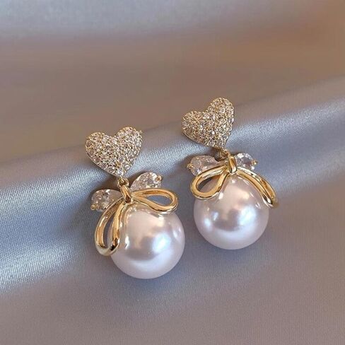 Heart CZ Pearl Drop Earrings for Women, Gold Plated Bowknot Dangle Earrings, Elegant Shiny Faux Pearl Stud Earrings, Hypoallergenic Wedding Party Jewelry Gift for Women in Saudi Arabia