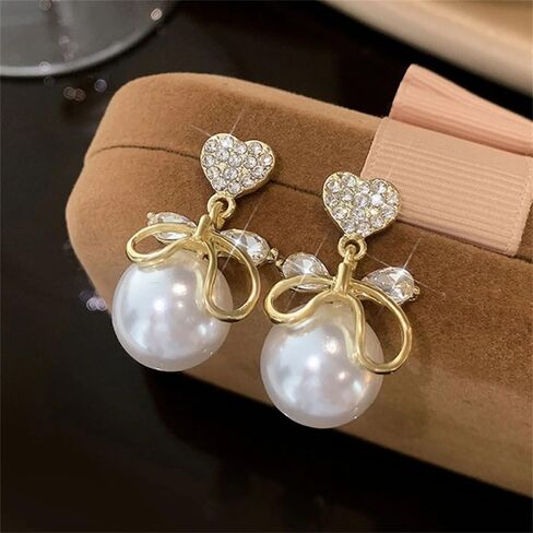 Heart CZ Pearl Drop Earrings for Women, Gold Plated Bowknot Dangle Earrings, Elegant Shiny Faux Pearl Stud Earrings, Hypoallergenic Wedding Party Jewelry Gift for Women in Saudi Arabia