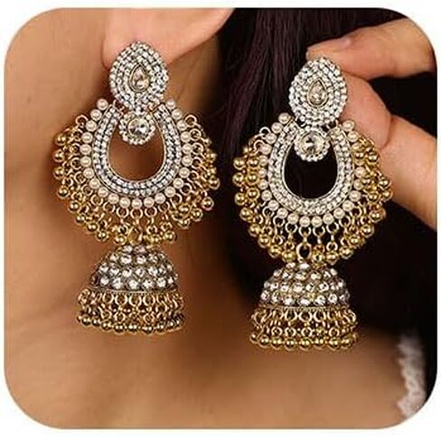 Missgrace Boho الهندي حجر الراين استرخى الدمعة شرابة الأقراط الطويلة للنساء خمر الأقراط الثريا الرجعية مطرز كريستال Jhumka Jhumki شرابة ترصيع الأقراط التقليدية للنساء in Saudi Arabia