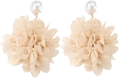 Boho Pearl Flower Earrings for Women,Vintage Layered Fabric Petal Earrings Statement Exaggeration Multicolor Big Flowers Earring Wedding Beach Jewelry in Kuwait