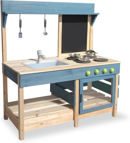 Mud Kitchen Playset ، مطبخ لعبة خشبية في الهواء الطلق مجموعة المطبخ للأولاد والبنات ، وملحقات المطبخ وحوض الحديقة مع صنبور ، بلاك ، وعاء لأدوات الطهي (Black1) in Kuwait