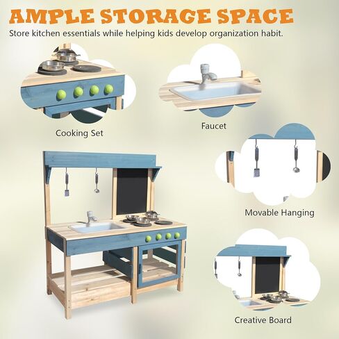 Mud Kitchen Playset ، مطبخ لعبة خشبية في الهواء الطلق مجموعة المطبخ للأولاد والبنات ، وملحقات المطبخ وحوض الحديقة مع صنبور ، بلاك ، وعاء لأدوات الطهي (Black1) in Kuwait