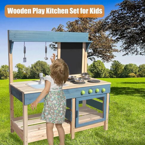 Mud Kitchen Playset ، مطبخ لعبة خشبية في الهواء الطلق مجموعة المطبخ للأولاد والبنات ، وملحقات المطبخ وحوض الحديقة مع صنبور ، بلاك ، وعاء لأدوات الطهي (Black1) in Kuwait