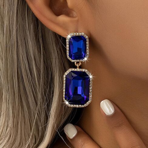 Luxury Crystal Drop Earrings, Royal Blue Sapphire Color, Gold-Plated, Rectangle Cut, Rhinestone Design Fashion Statement Jewelry for Evening Wear in Saudi Arabia