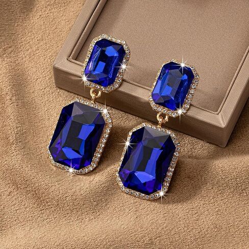 Luxury Crystal Drop Earrings, Royal Blue Sapphire Color, Gold-Plated, Rectangle Cut, Rhinestone Design Fashion Statement Jewelry for Evening Wear in Saudi Arabia