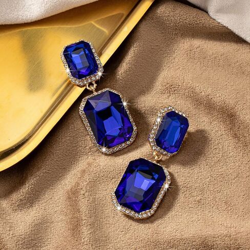 Luxury Crystal Drop Earrings, Royal Blue Sapphire Color, Gold-Plated, Rectangle Cut, Rhinestone Design Fashion Statement Jewelry for Evening Wear in Saudi Arabia