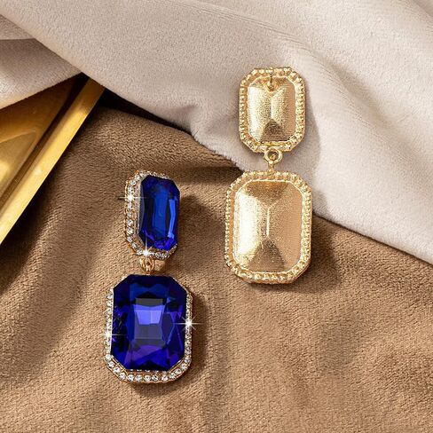 Luxury Crystal Drop Earrings, Royal Blue Sapphire Color, Gold-Plated, Rectangle Cut, Rhinestone Design Fashion Statement Jewelry for Evening Wear in Saudi Arabia
