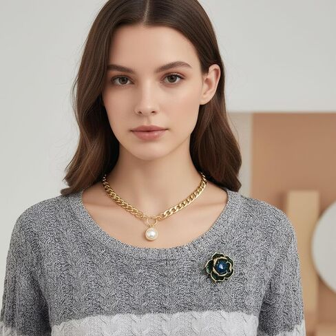 بروش كاميليا باللون الأزرق المخضر مع مركز كريستال أزرق، دبابيس للنساء دبوس زهرة المينا دبابيس ودبابيس مجوهرات فاخرة للنساء معطف/فستان/هدية in Saudi Arabia