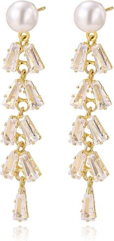 أقراط متدلية من اللؤلؤ المطلي بالذهب عيار 14 قيراط للنساء، أقراط متدلية طويلة أنيقة لا تسبب الحساسية من تشيكوسلوفاكيا عصرية، مجوهرات متدلية بسيطة in Kuwait