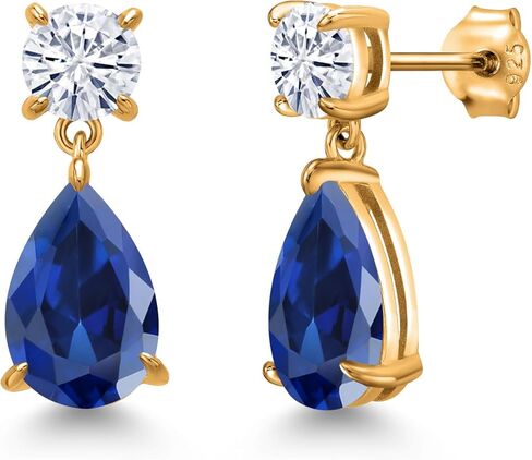 Gem Stone King 18K Yellow Gold Plated Silver Customized and Personalized 12X8MM Pear Shape and 6MM Round Gemstone Birthstone Teardrop Dangle Drop Earrings For Women in Kuwait