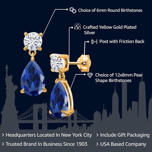 Gem Stone King 18K Yellow Gold Plated Silver Customized and Personalized 12X8MM Pear Shape and 6MM Round Gemstone Birthstone Teardrop Dangle Drop Earrings For Women in Kuwait
