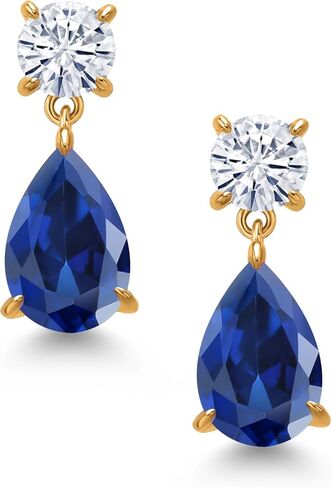 Gem Stone King 18K Yellow Gold Plated Silver Customized and Personalized 12X8MM Pear Shape and 6MM Round Gemstone Birthstone Teardrop Dangle Drop Earrings For Women in Kuwait