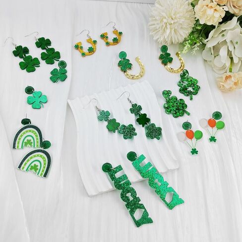 9 Pairs St. Patrick's Day Earrings for Women Shamrock Green Hat Clover Lucky Dangle Earrings St. Patrick's Day Jewelry as Festival Gift in Saudi Arabia