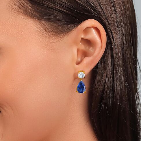 Gem Stone King 18K Yellow Gold Plated Silver Customized and Personalized 12X8MM Pear Shape and 6MM Round Gemstone Birthstone Teardrop Dangle Drop Earrings For Women in Kuwait