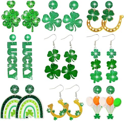 9 Pairs St. Patrick's Day Earrings for Women Shamrock Green Hat Clover Lucky Dangle Earrings St. Patrick's Day Jewelry as Festival Gift in Saudi Arabia